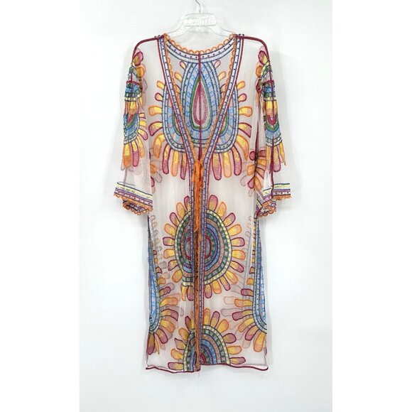 BOHO TUNIC SHIRT KIMONO COVERUP sheer hippie bohemian floral embroidered OS - Picture 1 of 7